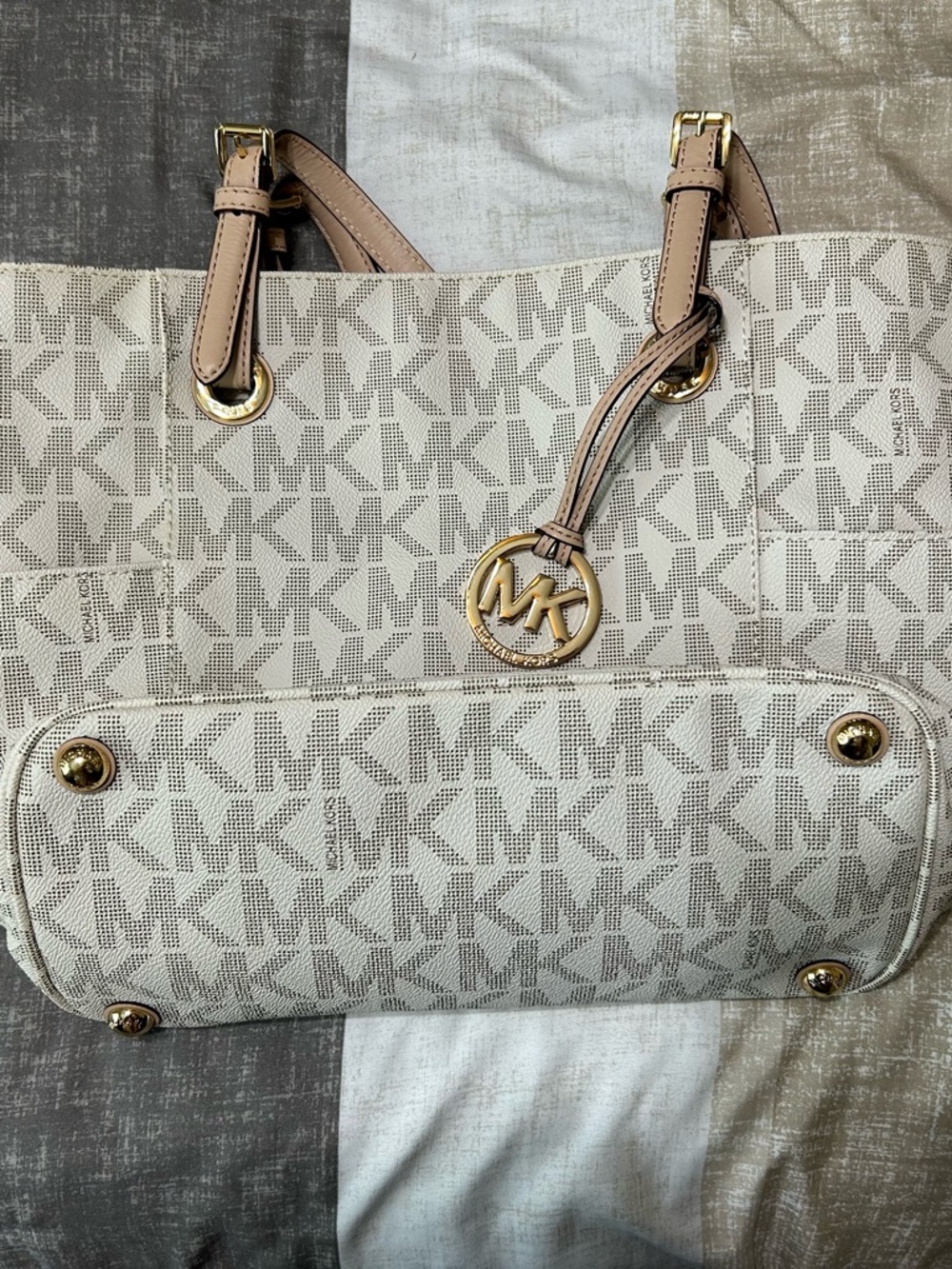Michael Kors Cream and Beige MK Logo Canvas Tote - Picture 2 of 3